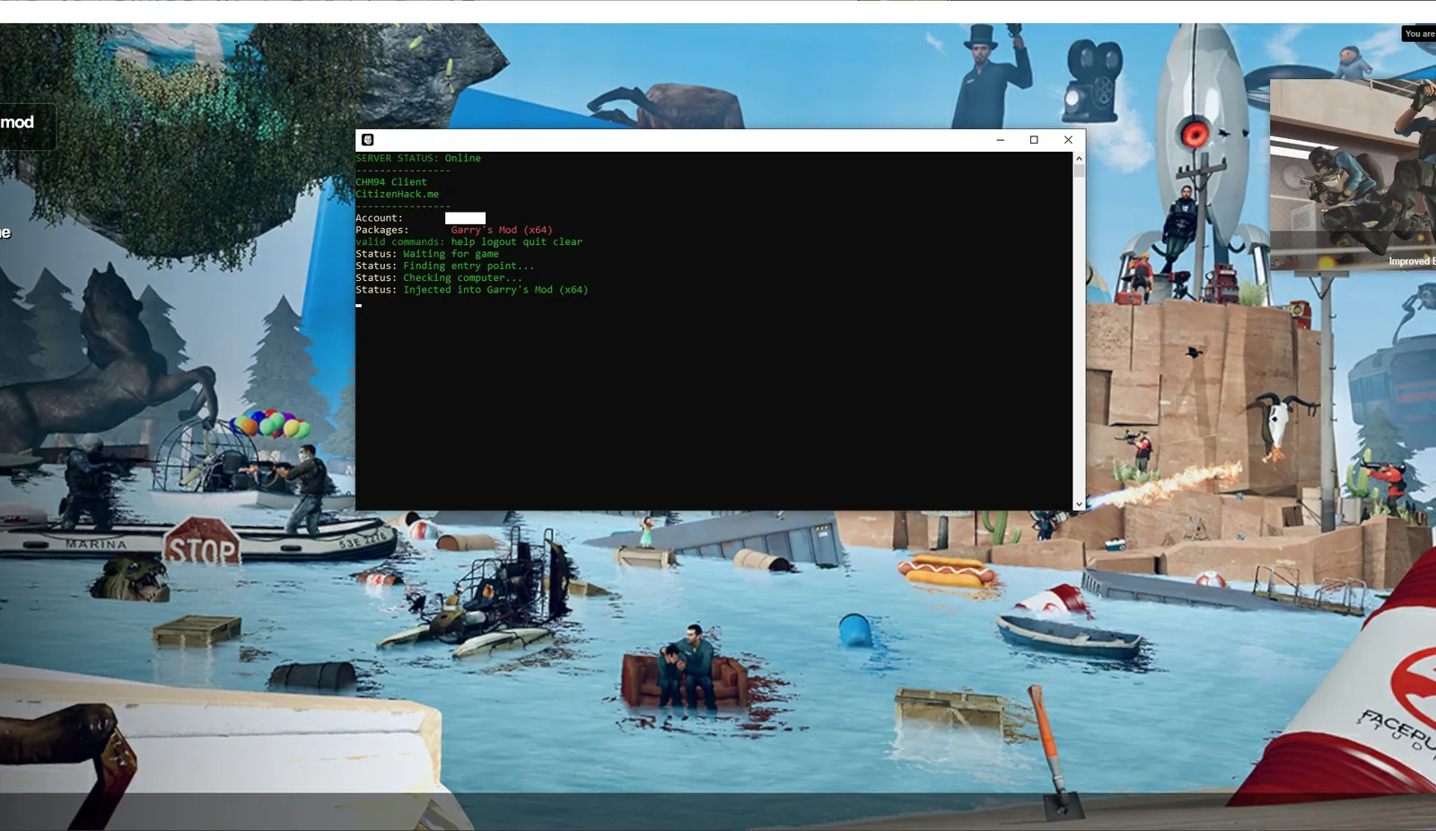 Citizen Hack client injecting into Garry's Mod x64 from the main menu