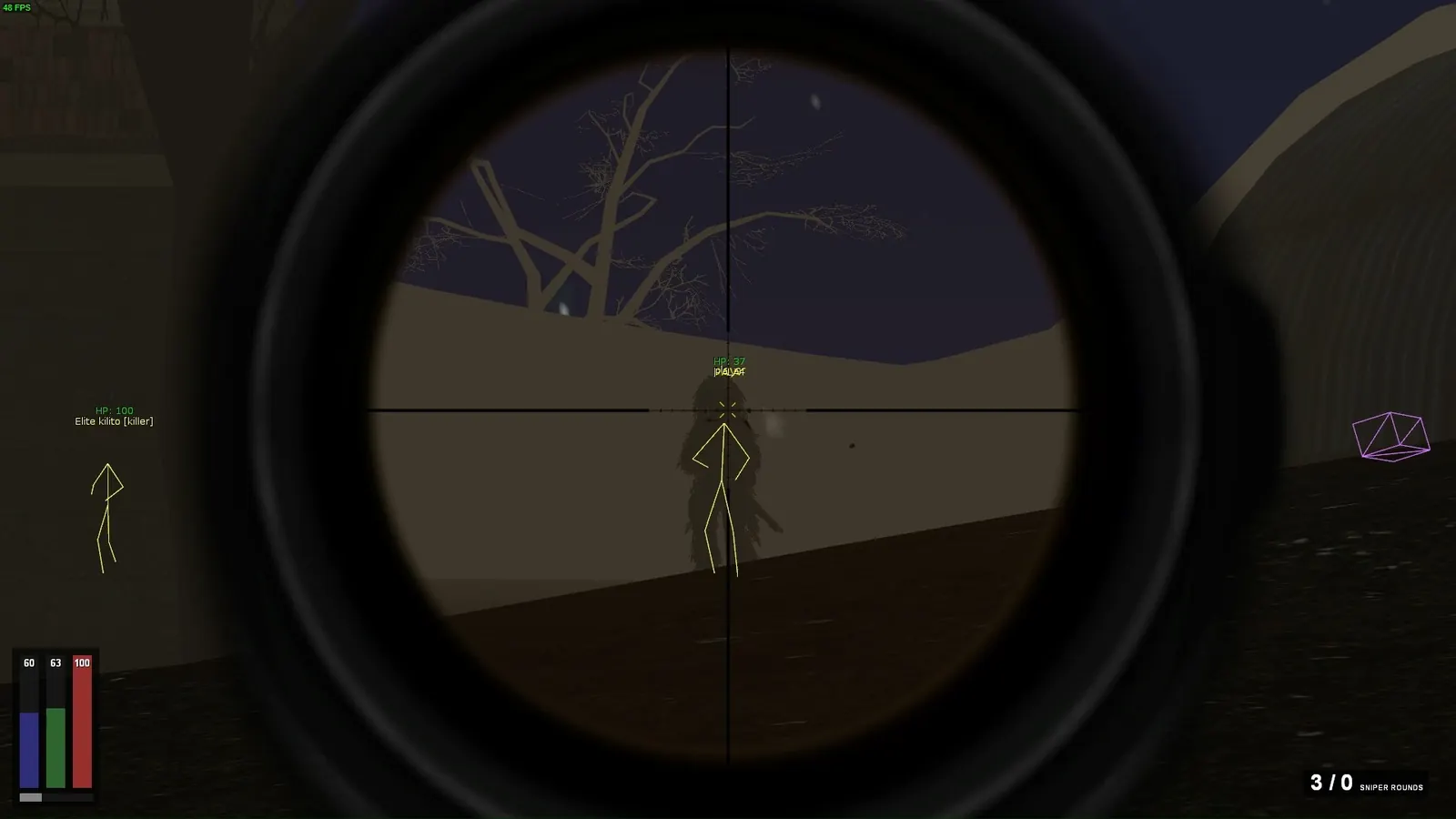 Skeleton ESP and health on a target seen through a sniper scope