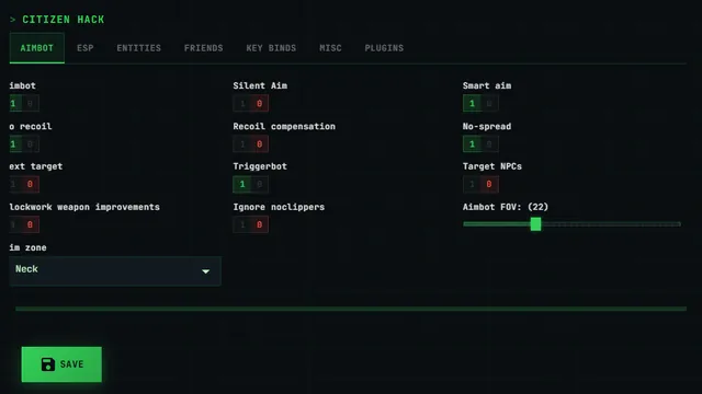 Citizen Hack aimbot menu - FOV, hit-scan and next-target settings