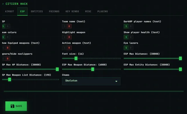 Citizen Hack ESP menu - player names, health and chams