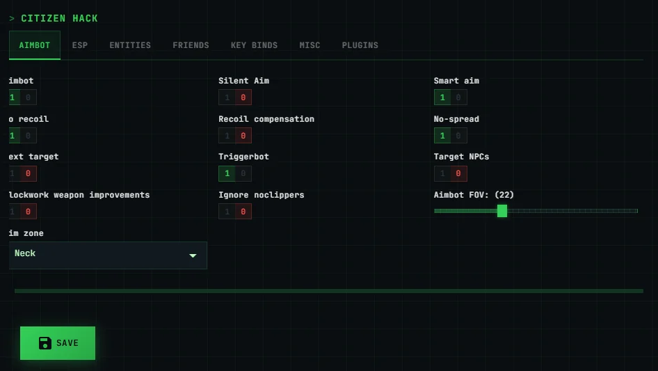 Citizen Hack aimbot tab: silent aim, no spread, triggerbot and FOV