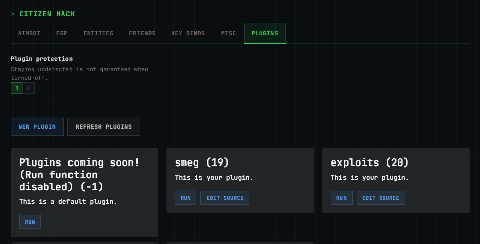 Citizen Hack gLua plugins tab with plugin protection